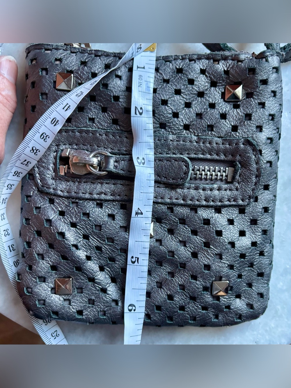 Linea Pelle Teal Perforated Leather Crossbody Bag - Picture 10 of 10